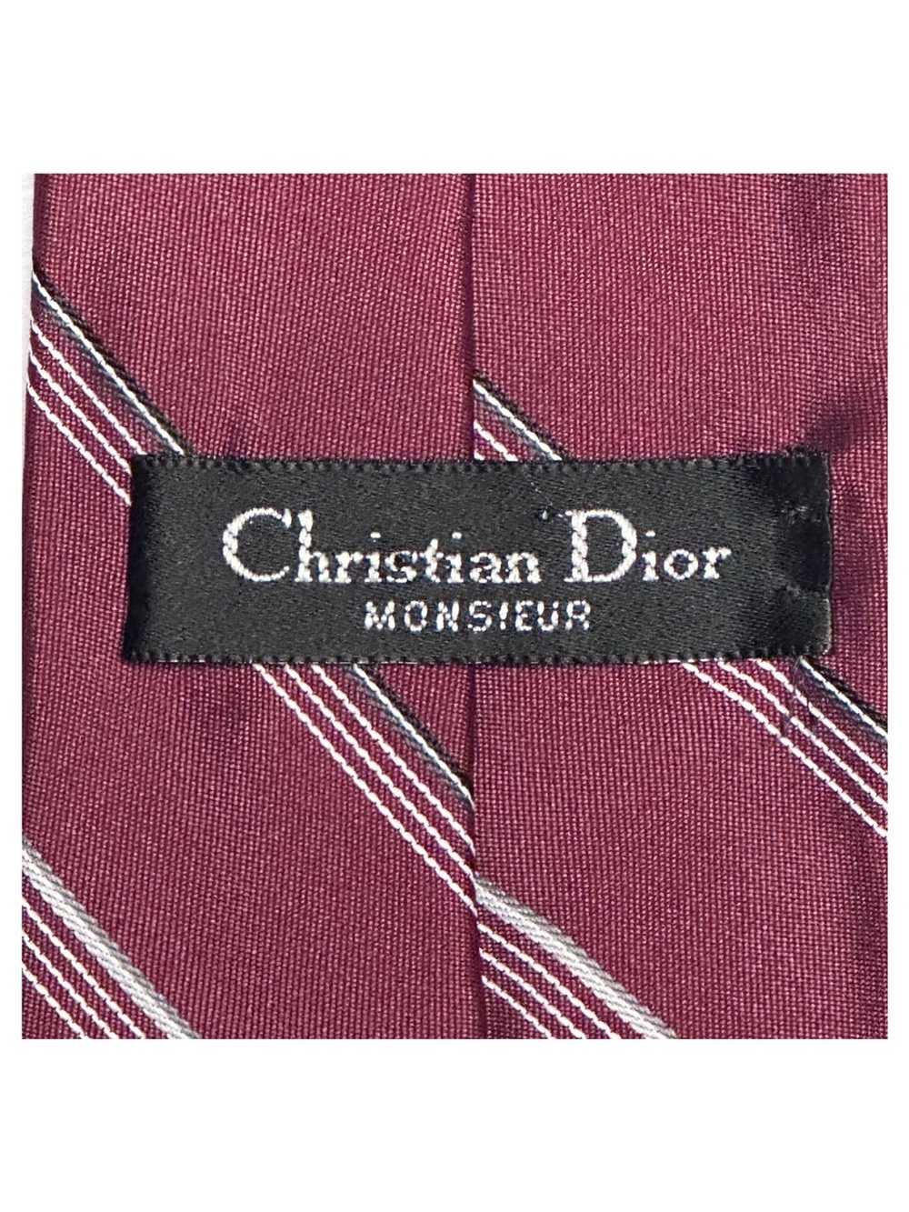 Christian Dior Men's Maroon Silk Tie with White & Gray Stripes